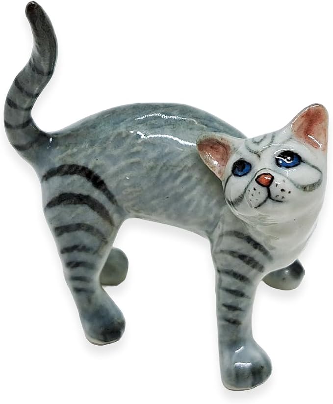 WitnyStore Tiny 2¼" Gray Tabby Shorthair Cat Standing Look Up Figurine - Miniature Hand Made Painted Ceramic Cats Kitten Feline Animal Cute Porcelain Decorative Collectible Figurines Décor Gifts