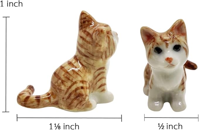 WitnyStore Tiny 1⅛" Long Brown White Tabby Shorthair Cat Sitting Figurine - Miniature Hand Made Painted Ceramic Cats Kitten Feline Animal Cute Porcelain Decorative Collectible Figurines Décor Gifts