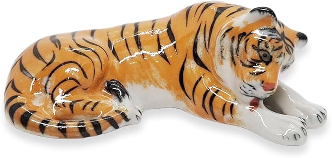 WitnyStore Tiny 2¼" Orange Tiger Licking Leg Figurine - Miniature Hand Made Ceramic Panthera Wild Cats Lion Jaguar Leopard Panthers Animals Small Porcelain Decorative Collectible Figures Décor Gifts