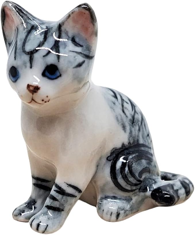 WitnyStore Tiny 1¼" White Gray Tabby Shorthair Cat Sitting Look Left Figurine - Miniature Hand Made Painted Ceramic Cats Kitten Feline Animal Cute Porcelain Decorative Collectible Figures Décor Gifts