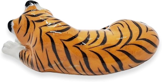 WitnyStore Tiny 2¼" Orange Tiger Licking Leg Figurine - Miniature Hand Made Ceramic Panthera Wild Cats Lion Jaguar Leopard Panthers Animals Small Porcelain Decorative Collectible Figures Décor Gifts