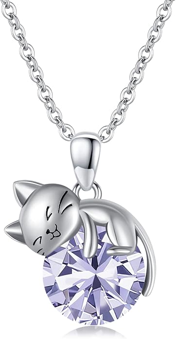 LONAGO Cat Necklace with Birthstone 925 Sterling Silver Cat Pendant Necklace Gift for Women