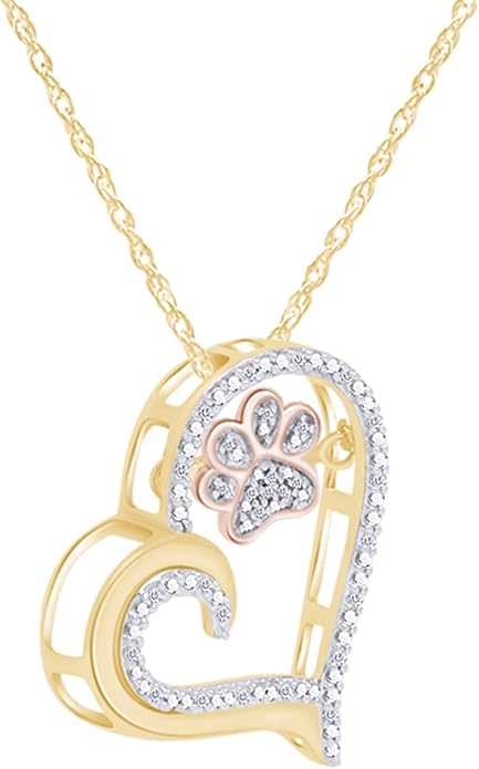 AFFY Paw Print Dog Cat Heart Pendant Necklace, 925 Sterling Silver & 10K Solid Gold Natural Diamond, Two Tone Heart Necklace for Pet Lovers, Elegant Silver Gift for Her