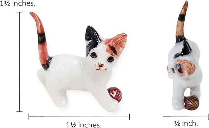 WitnyStore Tiny 1½" Calico Tricolor Shorthair Cat Standing Play Ball Figurine - Miniature Hand Made Painted Ceramic Cats Kitten Feline Animal Cute Porcelain Decorative Collectible Figure Décor Gifts