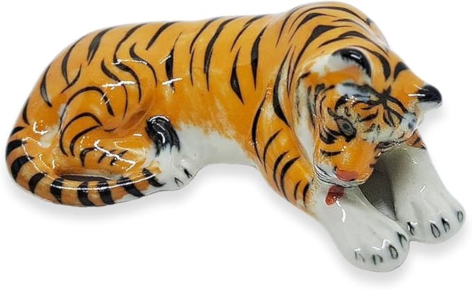 WitnyStore Tiny 2¼" Orange Tiger Licking Leg Figurine - Miniature Hand Made Ceramic Panthera Wild Cats Lion Jaguar Leopard Panthers Animals Small Porcelain Decorative Collectible Figures Décor Gifts