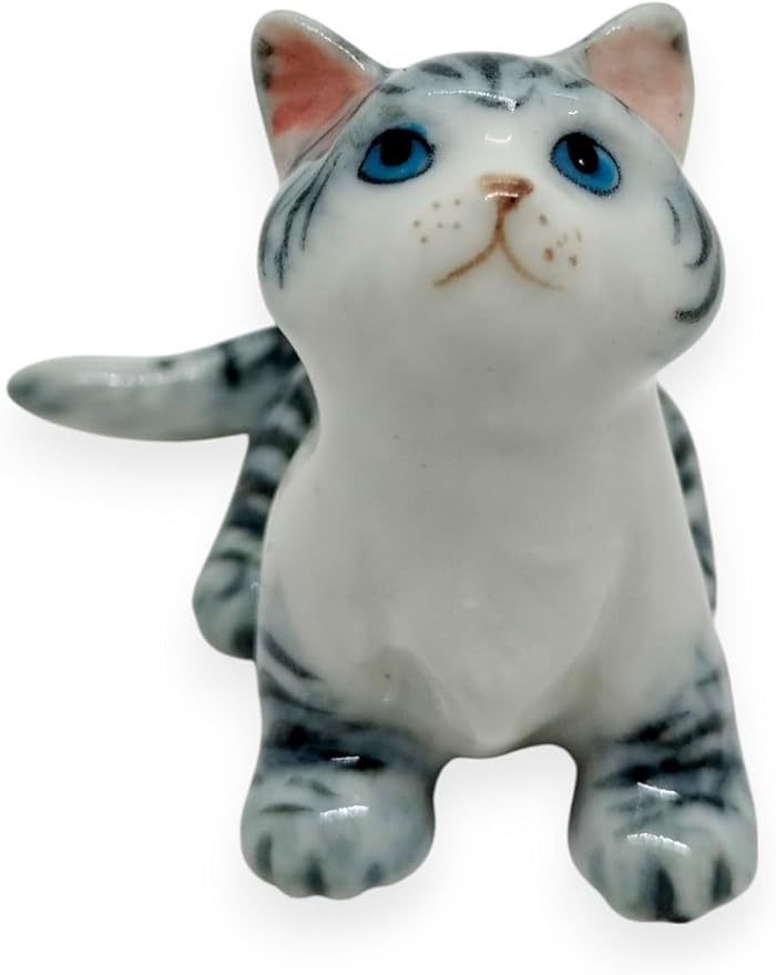 WitnyStore Tiny 1½" Gray White Tabby Shorthair Cat Sitting Look Up Figurine - Miniature Hand Made Painted Ceramic Cats Kitten Feline Animals Cute Porcelain Decorative Collectible Figures Décor Gifts