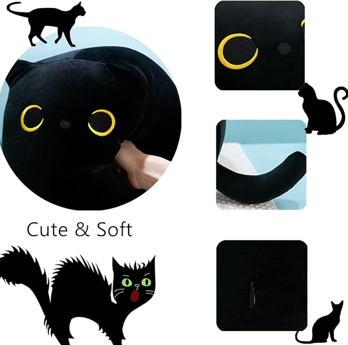 Long Black Cat Plush Body Pillow,43.32'' Giant Kawaii Black Cat Plush Kitten Plush Sleeping Pillow Soft Cat Big Stuffed Animals Sofa Pillow Toys Gift for Kids