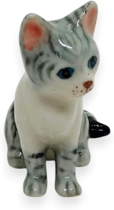 WitnyStore Tiny 1⅜" High White Gray Tabby Shorthair Cat Sitting Figurine - Miniature Hand Made Painted Ceramic Cats Kitten Feline Animals Cute Porcelain Decorative Collectible Figures Décor Gifts