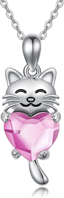 JUSTKIDSTOY Sterling Silver Cute Animal Pendant Necklace with Crystal Cat Pendant - Women's Cat Lovers Jewelry Gift