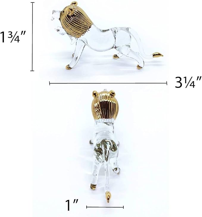WitnyStore Tiny 3¼" Long Clear Gold Standing Lion Roaring Figurine - Miniature Hand Blown Painted Glass Panthera Wild Cat Small Crystal Wildlife Animals Decorative Collectible Figurines Décor Gifts
