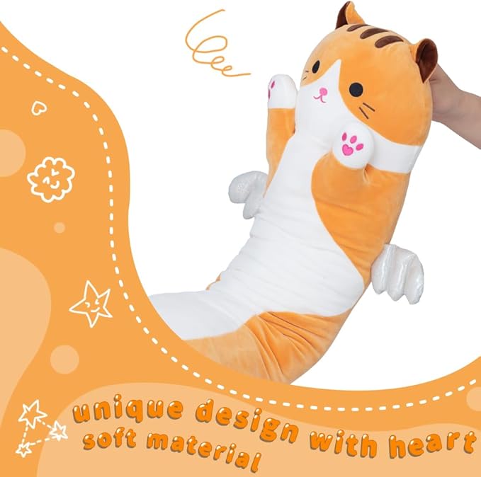 Long Cat Plush Body Pillow, Cute Cat Plush Toy Pillows with Wings, Stuffed Animals Kitten Soft Plushies Gifts for Kids Girls Girlfriend(Yellow, 43.3in/110cm)