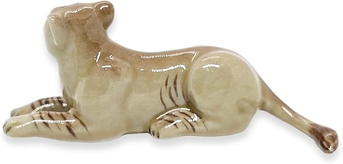 WitnyStore Tiny 2¾" Brown Lying Liger Figurine - Miniature Hand Made Ceramic Panthera Wild Cats Lion Tiger Jaguar Leopard Panthers Animals Small Porcelain Decorative Collectible Figures Décor Gifts