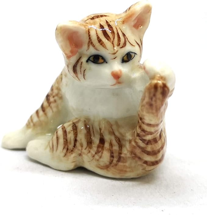 ZOOCRAFT Porcelain Fat Baby Tabby Kitten Cat Figurines Brown Ceramic Handmade Miniatures