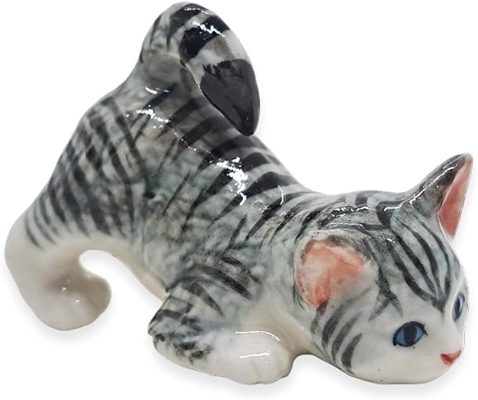WitnyStore Tiny 2⅛" Gray White Tabby Shorthair Cat Bending Down Figurine - Miniature Hand Made Painted Ceramic Cats Kitten Feline Animal Cute Porcelain Decorative Collectible Figurines Décor Gifts