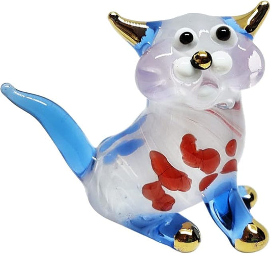 Tiny 1½" White Blue Red Sitting Look Right Cat Figurine Miniature Hand Blown Glass Cats Kitten Feline Animals Cute Colorful Crystal Decorative Collectible Figurines Décor Gifts