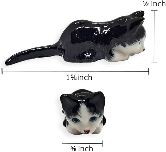 WitnyStore Tiny 1⅝" Long Black White Tuxedo Shorthair Cat Crouching Figurine - Miniature Hand Made Painted Ceramic Cats Kitten Feline Animal Cute Porcelain Decorative Collectible Figurines Décor Gifts