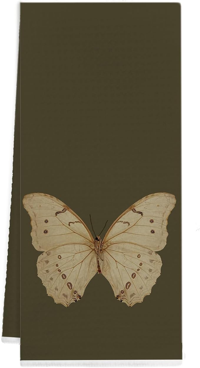 Vintage Butterfly Kitchen Towels, Cottagecore Dark Green Butterfly Decorative Dish Tea Towels for Kitchen, Antique Insect Moth Hand Towels for Bathroom, 16x24 Inch