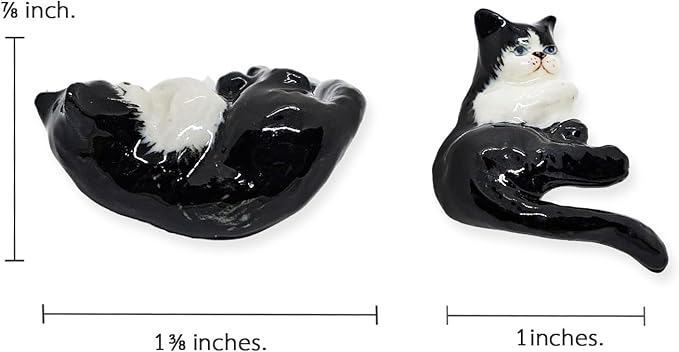 WitnyStore Tiny 1⅜" Black White Tuxedo Shorthair Cat Lying Tail Hang Off Figurine - Miniature Hand Made Ceramic Cats Kitten Feline Animal Cute Porcelain Decorative Collectible Figurines Décor Gifts