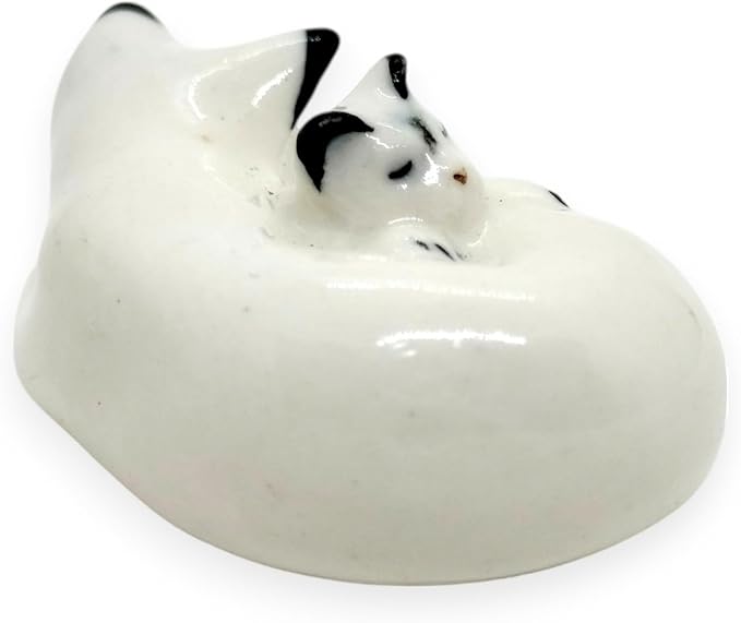 WitnyStore Tiny 1½" White Black Pointed Shorthair Cat Mom Baby Sleeping Figurine - Miniature Hand Made Painted Ceramic Cats Kitten Feline Animal Cute Porcelain Decorative Collectible Figure Décor Gift