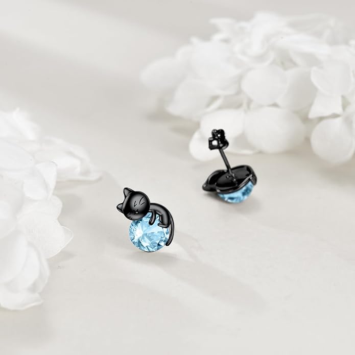 Sterling Silver Birthstone Black Cat Stud Earrings - Cat Birthstone Earrings for Women's Birthday Gift