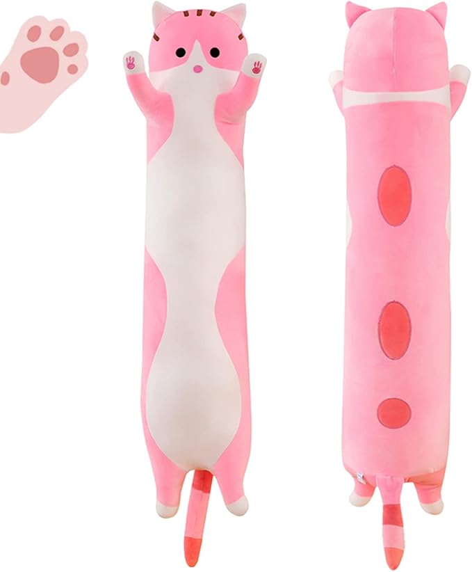 43.32in Giant Cat Pillow Plush Sleeping Pillow Cute Cartoon Cat Stuffed Animals Soft Long Body Pillow Gift for Kids Girlfriend(Pink)