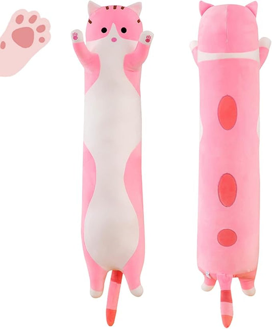 43.32in Giant Cat Pillow Plush Sleeping Pillow Cute Cartoon Cat Stuffed Animals Soft Long Body Pillow Gift for Kids Girlfriend(Pink)