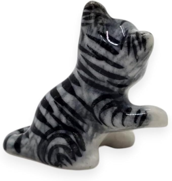 WitnyStore Tiny 1" Gray White Tabby Shorthair Cat Sitting Lift Paw Figurine - Miniature Hand Made Painted Ceramic Cats Kitten Feline Animals Cute Porcelain Decorative Collectible Figures Décor Gifts