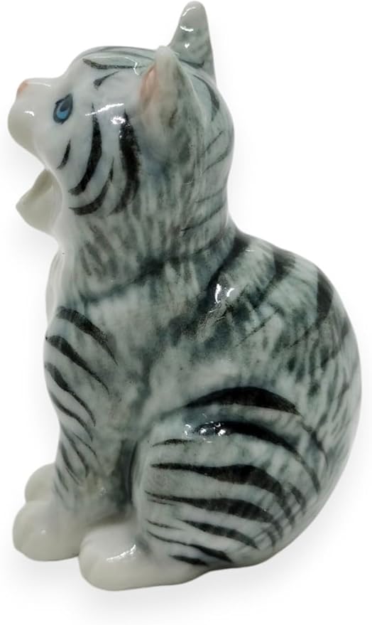 WitnyStore Tiny 1⅜" Long Gray White Tabby Shorthair Cat Sitting Yawn Figurine - Miniature Hand Made Painted Ceramic Cats Kitten Feline Animal Cute Porcelain Decorative Collectible Figures Décor Gifts