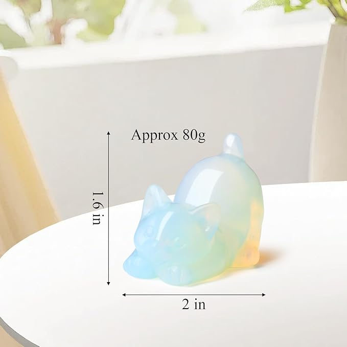 Opal Opalite Cat Crystal Statue Stone Carved Figurines for Lazy Cat Healing Crystals Spiritual Sculpture Desk Office Room Home Decoration Lucky Kitten Gifts for Cat Lovers Women Men