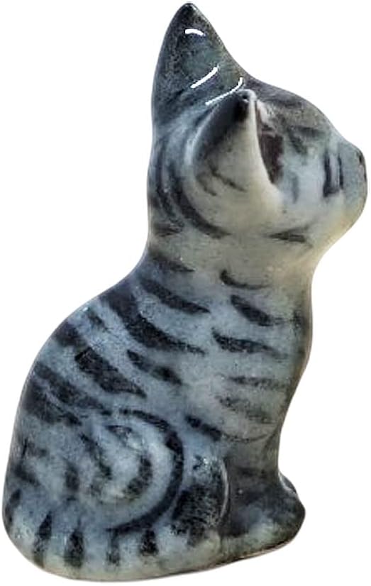 WitnyStore Tiny 3⁄4 Inch High Gray Tabby Shorthair Cat Sitting Tilt Head Figurine - Miniature Hand Made Painted Ceramic Cats Kitten Animal Cute Porcelain Decorative Collectible Figures Décor Gifts
