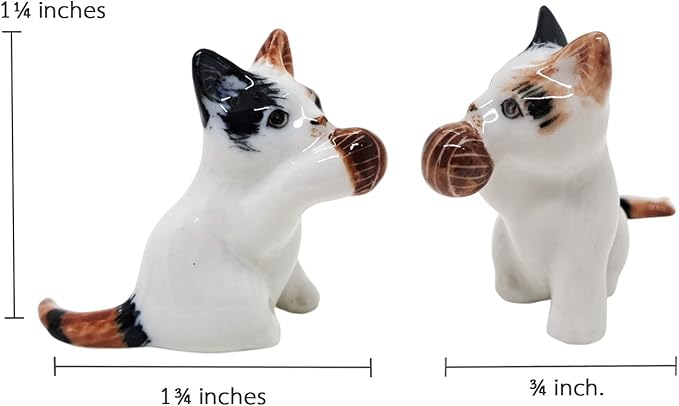 WitnyStore Tiny 1¾" Long Calico Tricolor Shorthair Cat Sitting Hold Up Ball Figurine - Miniature Hand Made Painted Ceramic Cats Kitten Animal Cute Porcelain Decorative Collectible Figure Décor Gifts