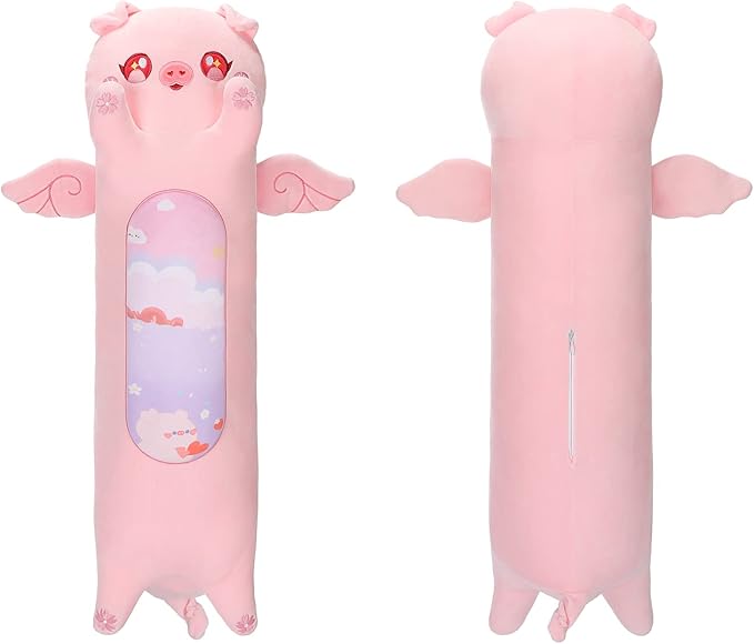 AIXINI Long Pig Plush Pillow Cute Angel Pink Pig Stuffed Animals, Soft Kawaii Piggy Plushies Pillow Toy for Kids (Angel Pig,27.5inch)