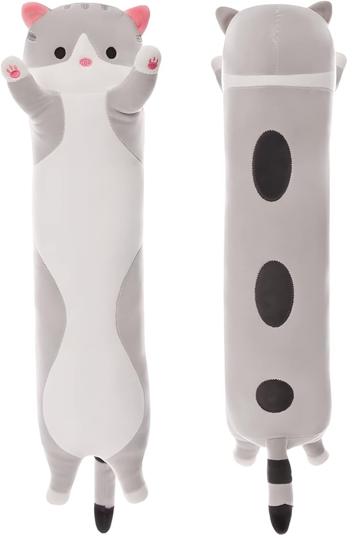 Long Cat Plush Pillow, 35.4in Cute Cat Plushie Stuffed Animals Body Pillow, Grey Kawaii Kitten Soft Plushie Doll Toy Birthday Gift for Kids Girlfriend