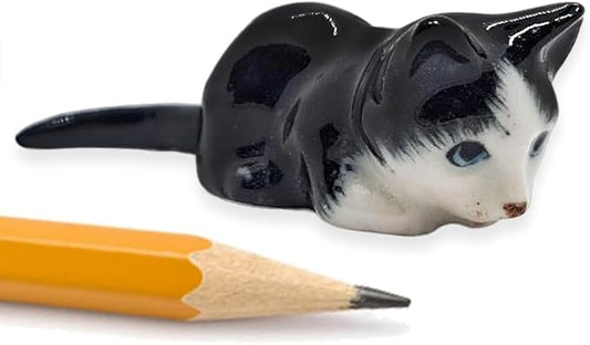 WitnyStore Tiny 1⅝" Long Black White Tuxedo Shorthair Cat Crouching Figurine - Miniature Hand Made Painted Ceramic Cats Kitten Feline Animal Cute Porcelain Decorative Collectible Figurines Décor Gifts