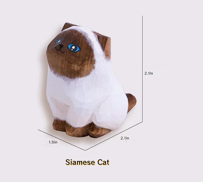 Hand Carved Siamese Cat Figurine - Wooden Craft, Cute Statue Home Decor, Unique Figure Collectibles Gift for Cat Lovers