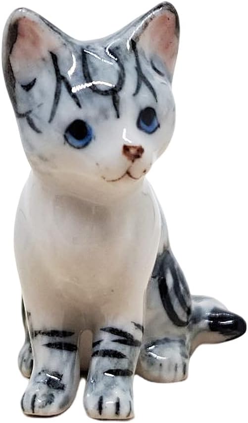 WitnyStore Tiny 1¼" White Gray Tabby Shorthair Cat Sitting Look Left Figurine - Miniature Hand Made Painted Ceramic Cats Kitten Feline Animal Cute Porcelain Decorative Collectible Figures Décor Gifts