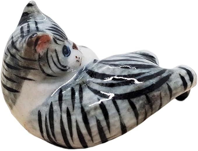 WitnyStore Tiny 1⅜" Gray White Tabby Shorthair Cat Lying Look Back Hang Tail Figurine - Miniature Hand Made Ceramic Cats Kitten Feline Animal Cute Porcelain Decorative Collectible Figures Décor Gifts