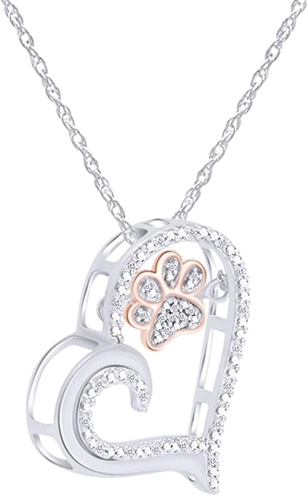AFFY Paw Print Dog Cat Heart Pendant Necklace, 925 Sterling Silver & 10K Solid Gold Natural Diamond, Two Tone Heart Necklace for Pet Lovers, Elegant Silver Gift for Her