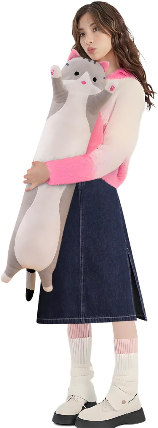 Lovely Plush Cat Doll Cute Cartoon Soft Stuffed Kitten Long Throw Sleeping Pillow Toy Gift for Kids Girlfriend Multiple Size (Grey,90cm/35.4in)