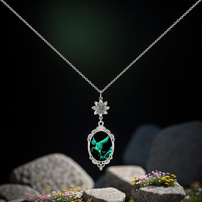 Yspace Lotus Charm Necklace Antique Decor Cameo Pendant 2 Chains Velvet Pouch for Gift