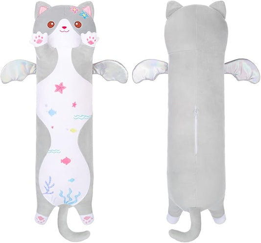 AIXINI Long Cat Plush Pillow Cartoon Cute Gray Cat Stuffed Animals, Soft Kawaii Kitten Plushies Pillow Toy for Kids (Gray,35.4inch)