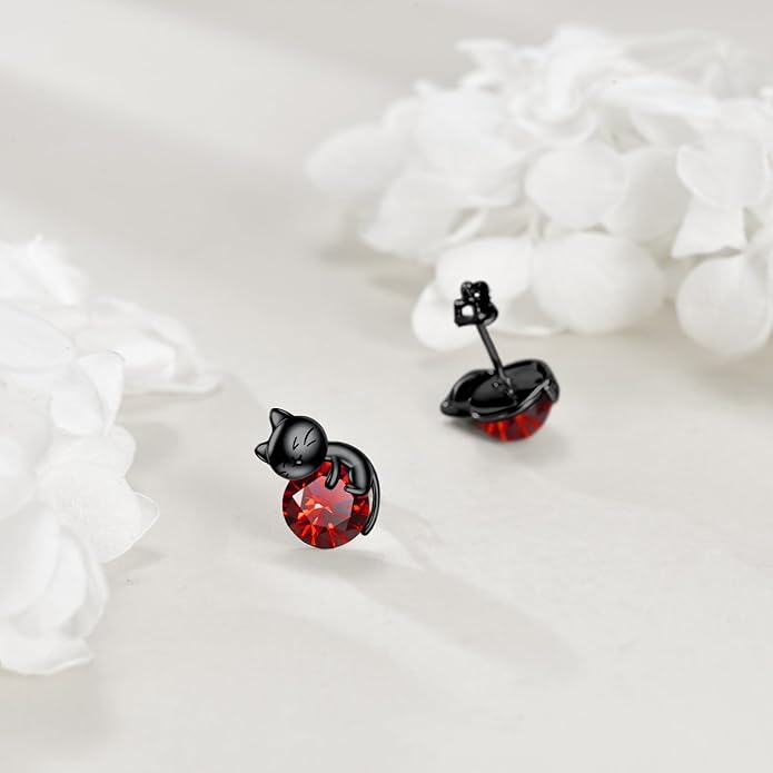 Sterling Silver Birthstone Black Cat Stud Earrings - Cat Birthstone Earrings for Women's Birthday Gift
