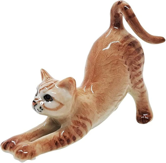 WitnyStore Tiny 2¼" Long Brown Tabby Shorthair Cat Stretching Figurine - Miniature Hand Made Painted Ceramic Cats Kitten Feline Animal Cute Porcelain Decorative Collectible Figurines Décor Gifts