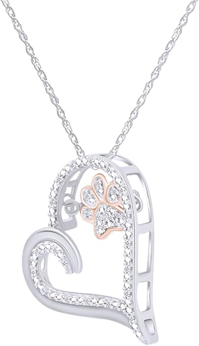 AFFY Paw Print Dog Cat Heart Pendant Necklace, 925 Sterling Silver & 10K Solid Gold Natural Diamond, Two Tone Heart Necklace for Pet Lovers, Elegant Silver Gift for Her
