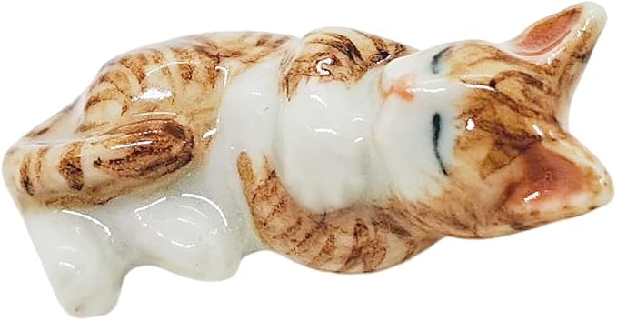 WitnyStore Tiny 1" Long Brown White Tabby Shorthair Cat Sleeping Figurine - Miniature Hand Made Painted Ceramic Cats Kitten Feline Animal Cute Porcelain Decorative Collectible Figurines Décor Gifts