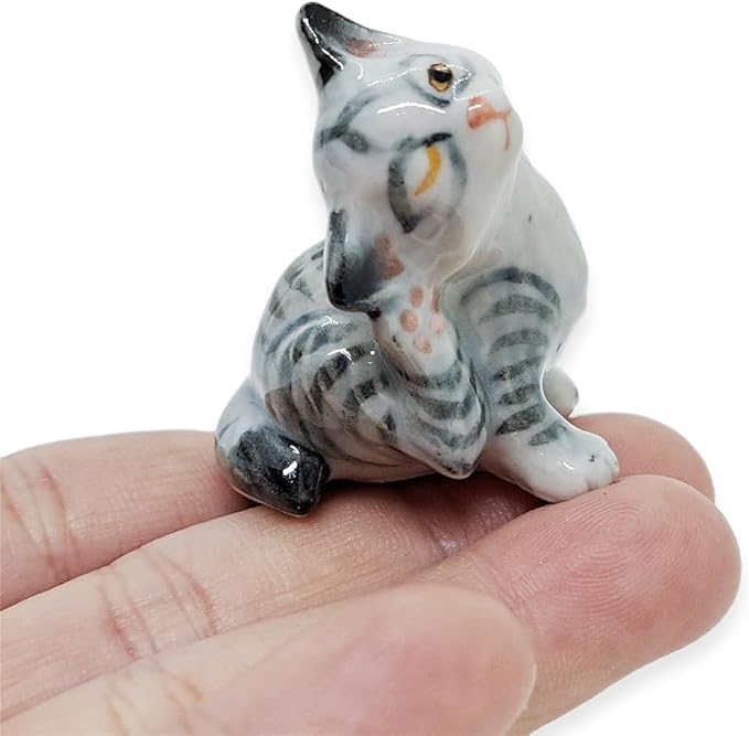 WitnyStore Tiny 1½" Gray White Tabby Shorthair Cat Scratching Ear Figurine - Miniature Hand Made Painted Ceramic Cats Kitten Feline Animal Cute Porcelain Decorative Collectible Figurines Décor Gifts