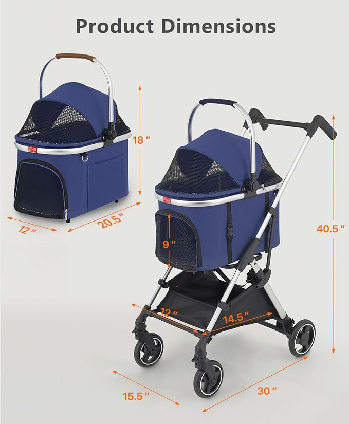 Pet Stroller with 4 Wheels for Small/Medium Pets, 3 in 1 Travel Foldable Detachable Carrier for Dog Cat Cage Jogger Stroller, Rear Wheel Breaks, Storage Basket, Car Seat (Navy Blue)