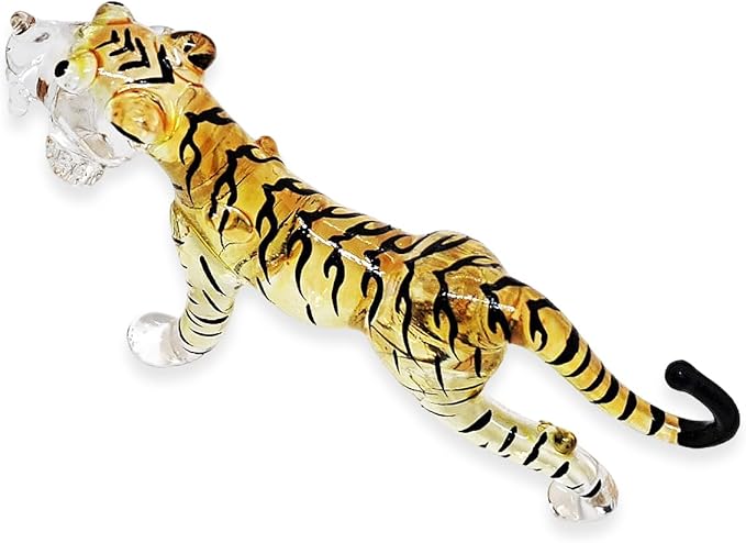 WitnyStore Tiny 2½" Long Yellow Black Standing Tiger Roaring Figurine - Miniature Hand Blown Painted Glass Panthera Wild Cat Small Crystal Wildlife Animals Decorative Collectible Figurines Décor Gifts