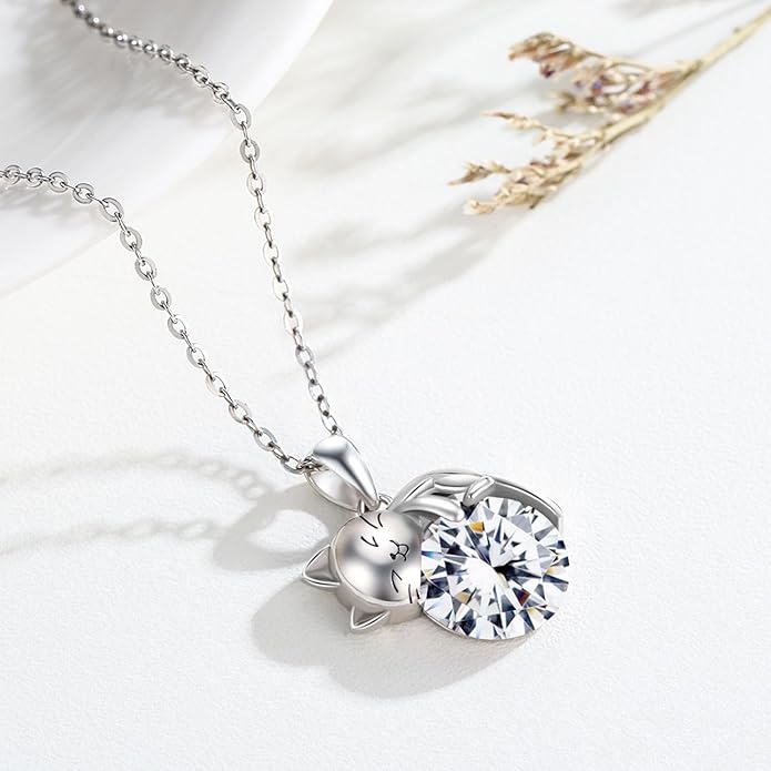 LONAGO Cat Necklace with Birthstone 925 Sterling Silver Cat Pendant Necklace Gift for Women