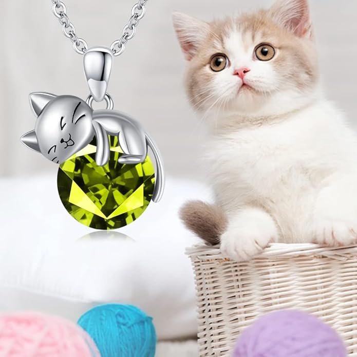 LONAGO Cat Necklace with Birthstone 925 Sterling Silver Cat Pendant Necklace Gift for Women